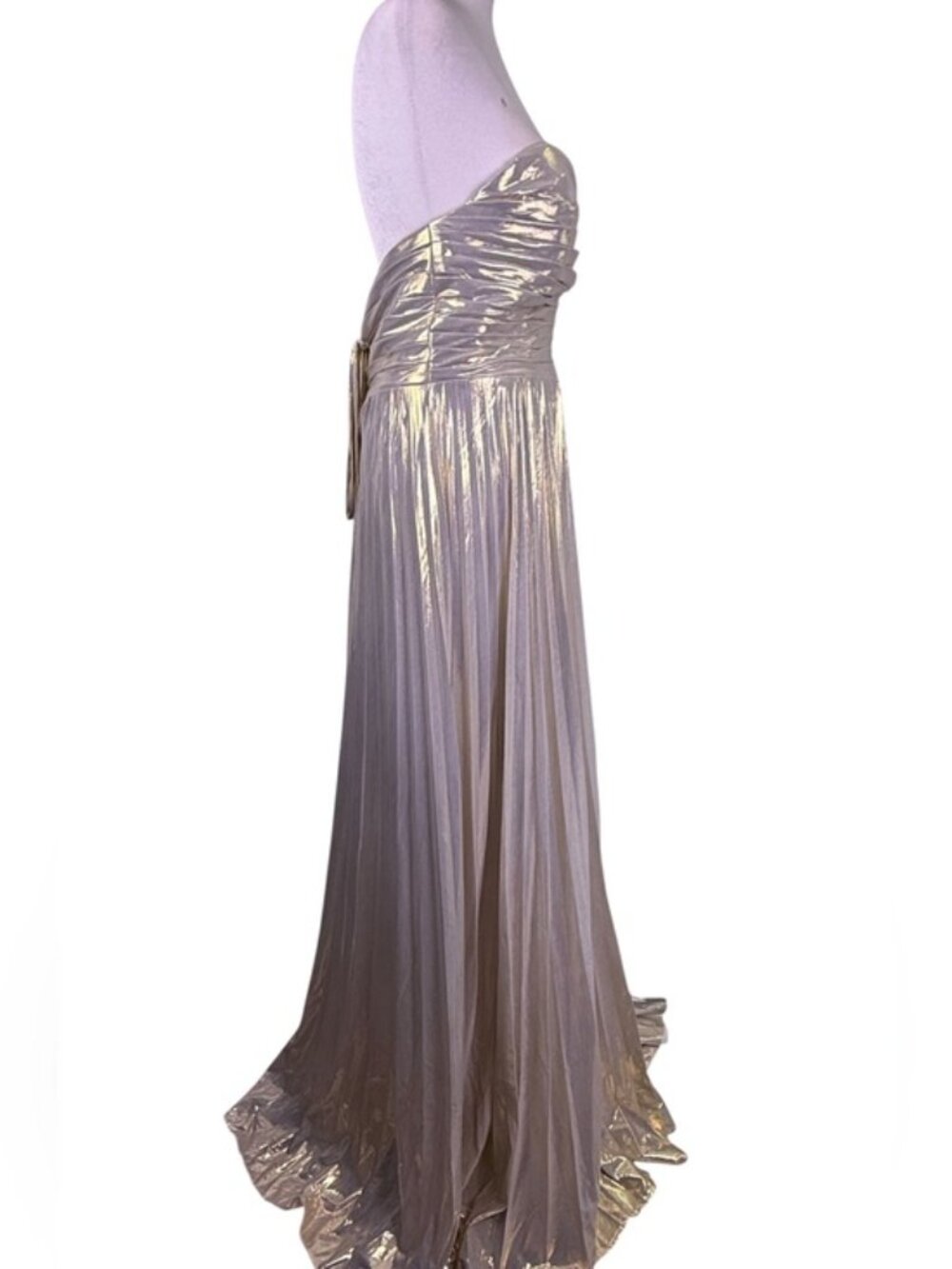 Metallic Champagne Gold Strapless Corset Formal Gown High Slit Size 14 - Picture 7 of 10